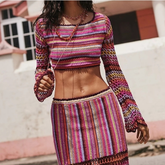 New Free People Multicolor Crochet A-Line Skirt And Top Very Beautiful Set.‎